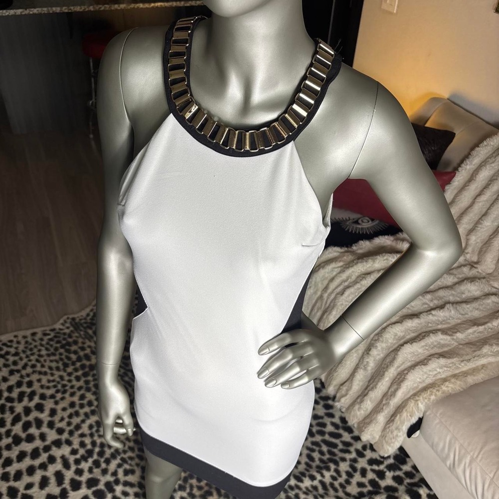 Windsor Y2K White Black Halter Mini Dress Gold Chain ✨